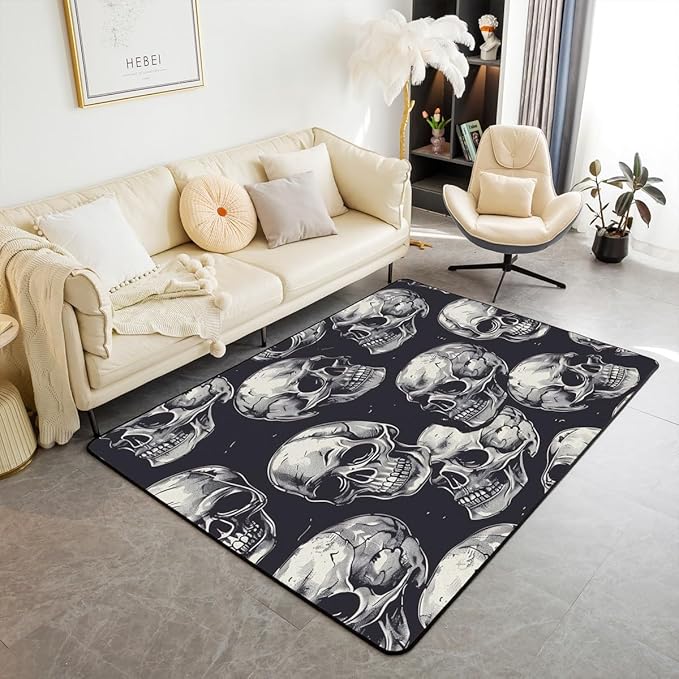 Sugar Skull Rugs for Living Room Bedroom Kids Gothic Skeleton Area Rug Halloween Themed Decorative Carpet Set for Women Men Bones Black Indoor Floor Mat