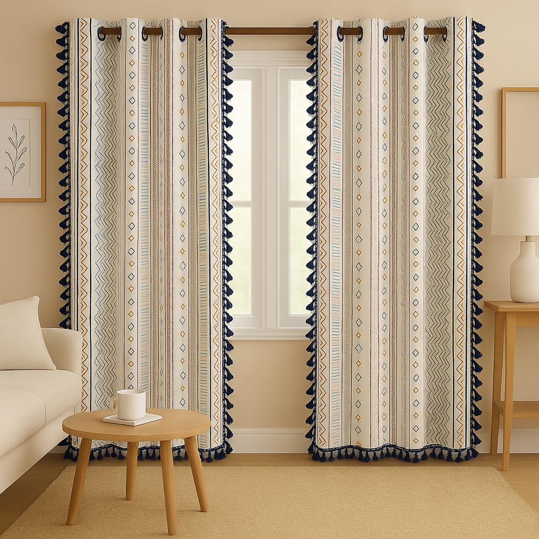 Cortina Self Print Light-Filtering 100% Cotton Curtains 7 feet Long Set of 2 for Door [ Opacity: 50-60%, Color: White, 180 GSM ]