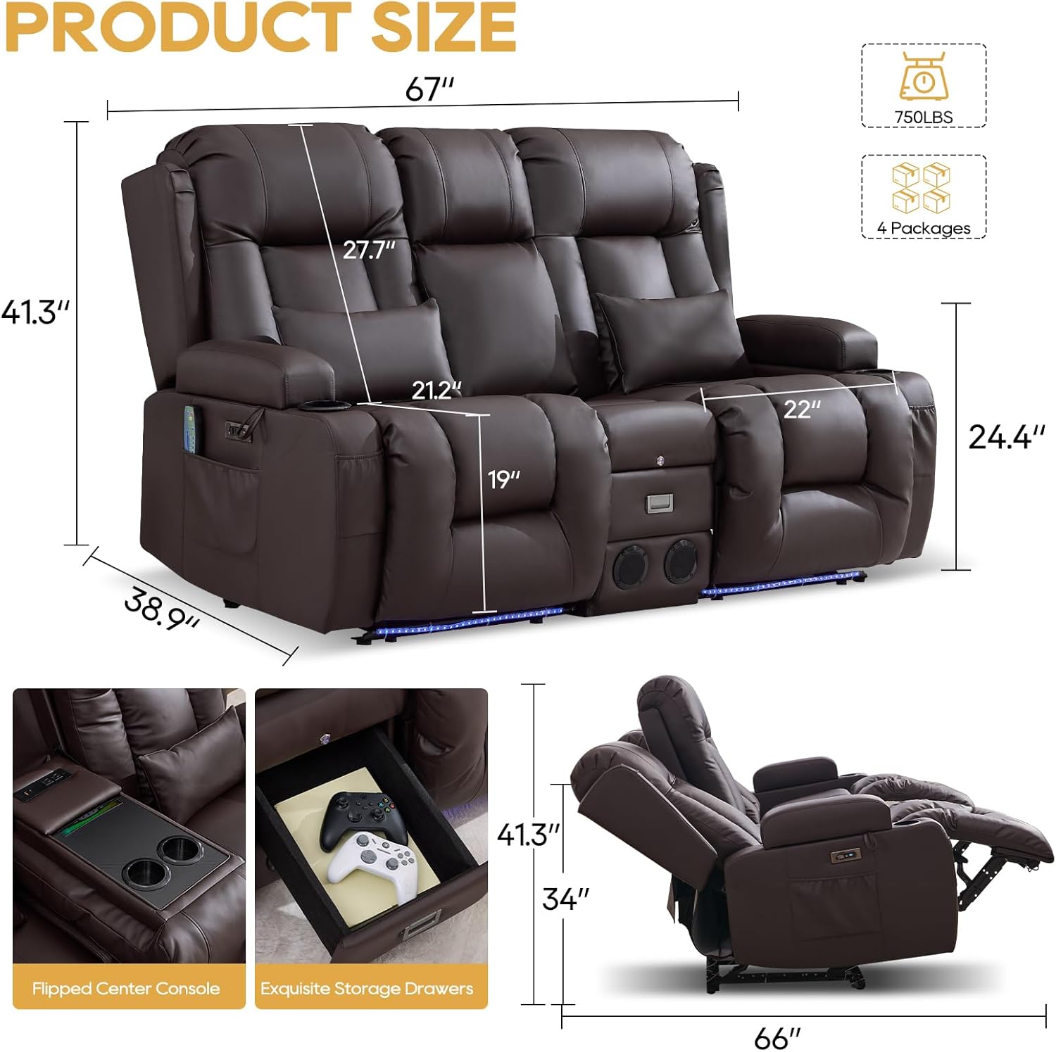IPKIG Power Recliner Sofa with Flip-Up Backrest Console, USB & USB-C Ports, AC Outlet, LED Lights, Wall Hugger Recliners for Living Room, RV (Chestnut, 67" - 3 Seat) | Breathable Leather, Zero Gravity, Dual Reclining, 2 Lumabr Pillow, Bluetooth Speakers