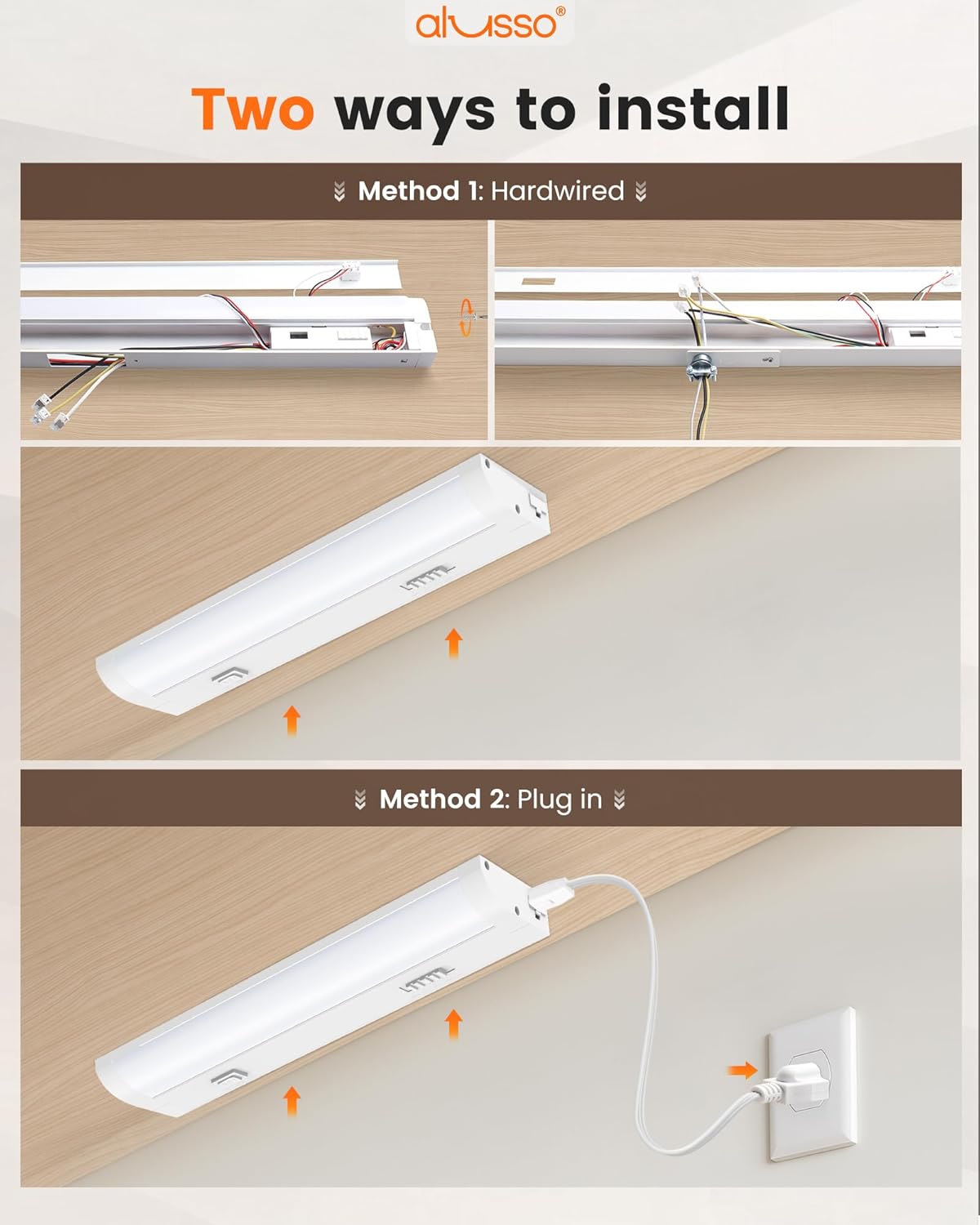 ALUSSO 12 Inch LED Under Cabinet Lighting Hardwired & Plug in 120V, 5CCT Color Selectable 2700K-5000K Dimmable 6W 510LM High Brightness, Strip Linkable Under Counter Lights for Kitchen Sink, 1 Pack