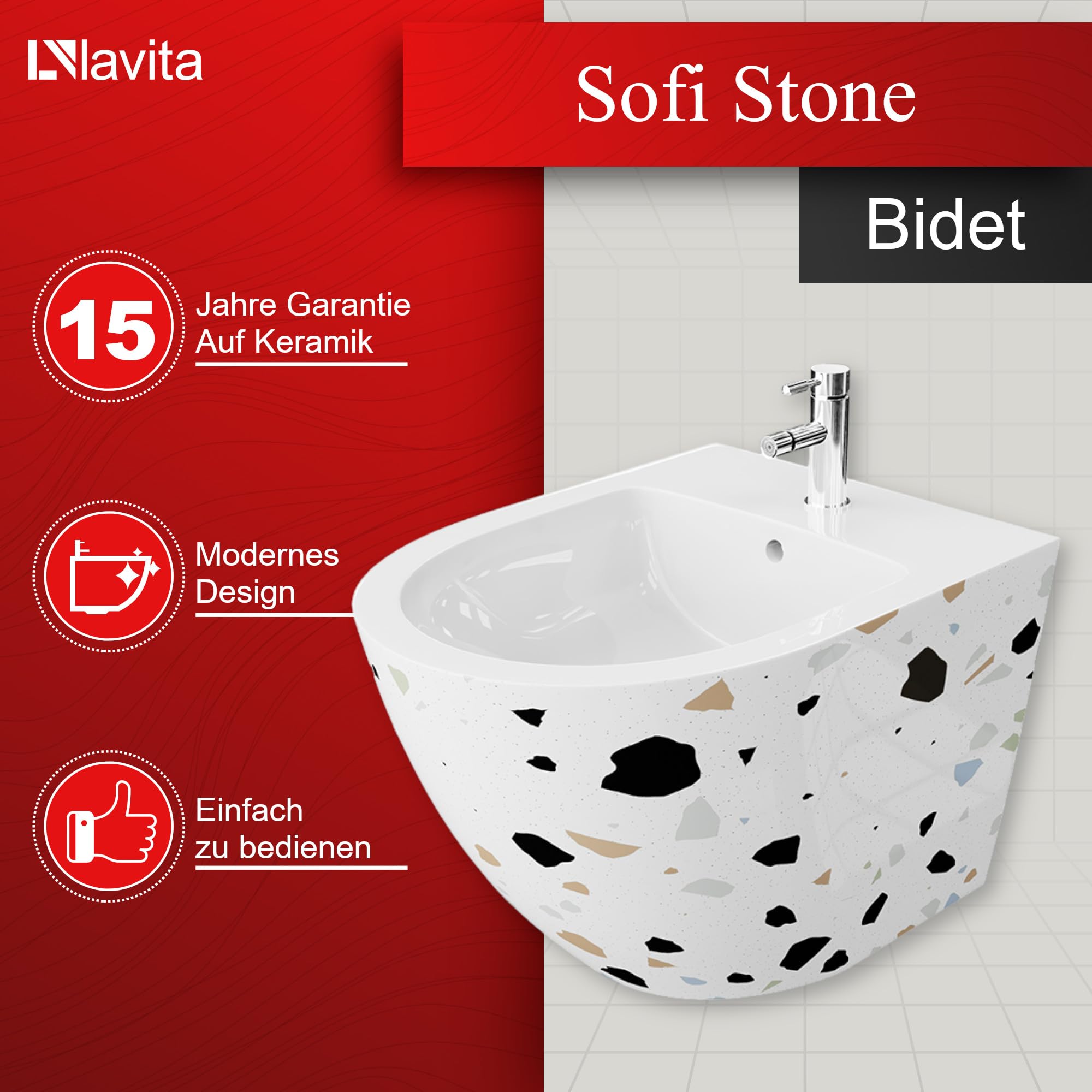 LAVITA Bidé universal de pared Sofi Stone con orificio para grifo y protección contra desbordamiento, de cerámica, para montaje en la pared, higiénico y fácil de limpiar, 36,5 x 49 x 32,5 cm
