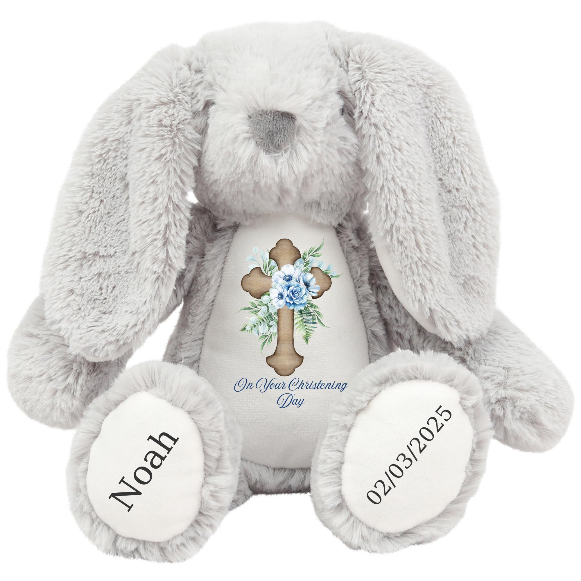 HotScamp Personalised Christening Bunny with Name - Blue Flower Cross On your Christening Day Soft Toy for Baby, Toddler, Kids, Child, Babies Baptism Church Spring Time - Blue Letter Grey Bunny