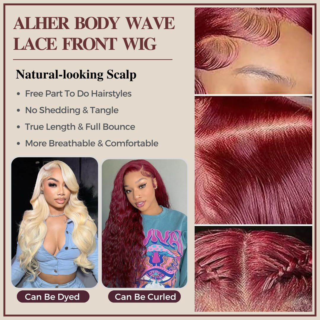 ALHER 12A Dark Burgundy Lace Frontal Wig 180% Density, 99J Wine Red Colored Ear to Ear 13x4 Frontal Wig Pre Plucked With Baby Hair, 100% Virgin Remy Human Hair Purple Wig for Black Women 22 IN