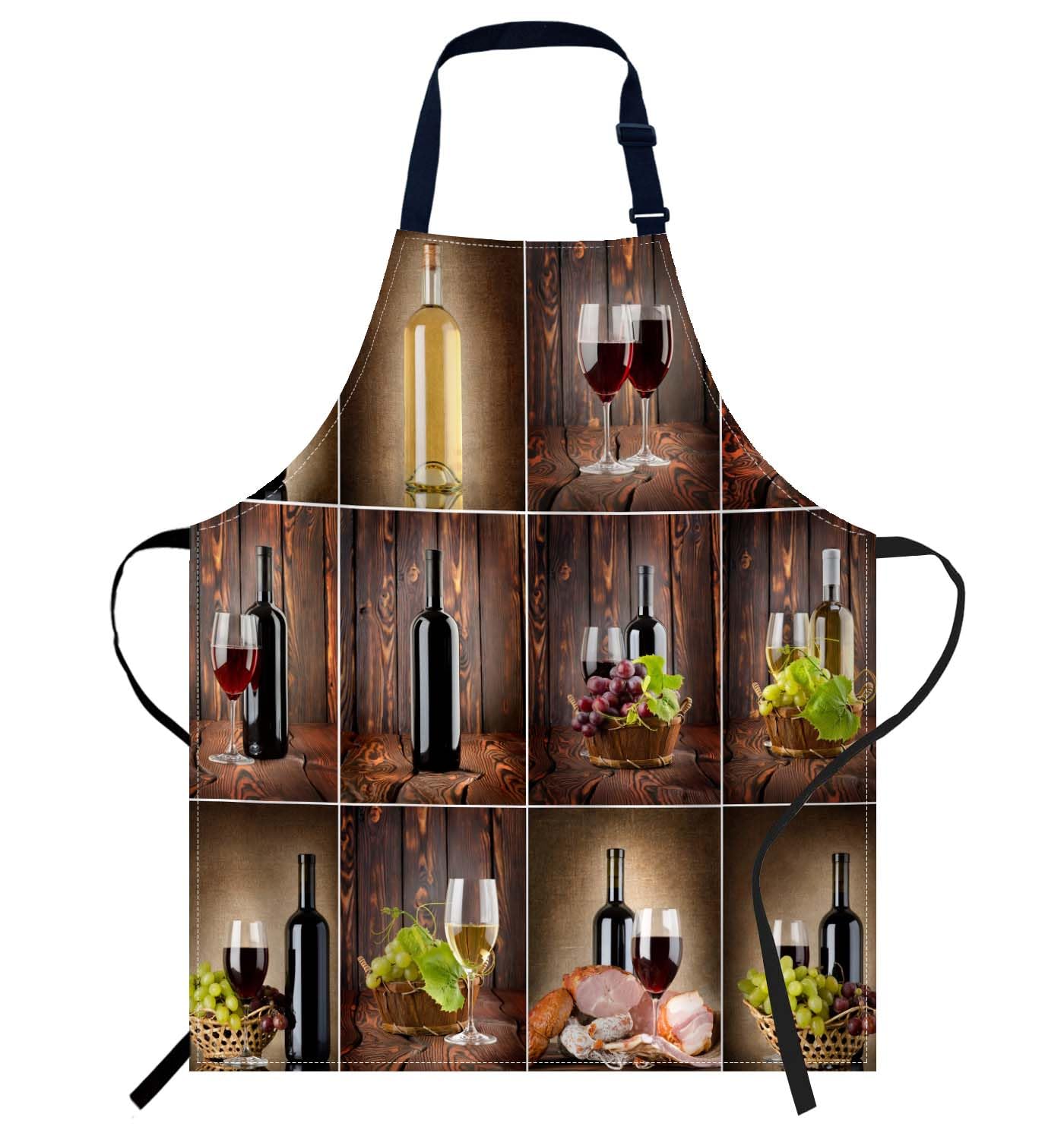 Smooffly Wine Collage on a Wooden Apron,Adjustable Neck Bib Apron for Men Women,Suitable for Kitchen Cooking Waitress Chef Apron