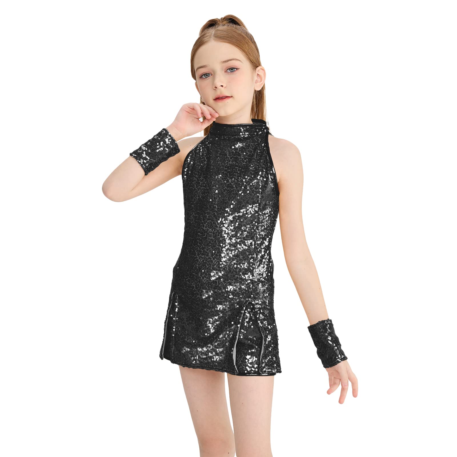 LOLANTA Girls Sequins Dance Clothes Dress 4-12 Yrs Sparkle Hip Hop Jazz Dance Outfit, Sleeveless Top and Shorts