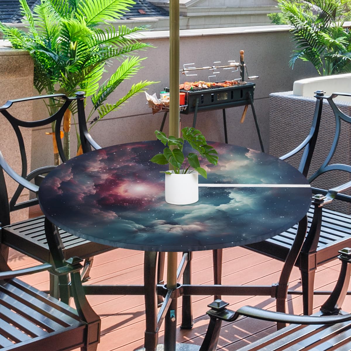 YPPAHHHH Round Outdoor Fitted Tablecloth with Umbrella Hole, Space Nebula Elastic Table Cloth Universe Galaxy Star Waterproof Table Cover with Zipper for Patio Picnic, 36