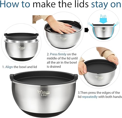 Miniatura 7 de Wildone Cuencos para mezclar con tapas herméticas, juego de 5 cuencos de mezcla de acero inoxidable, con fondo de silicona antideslizante, tamaño 8