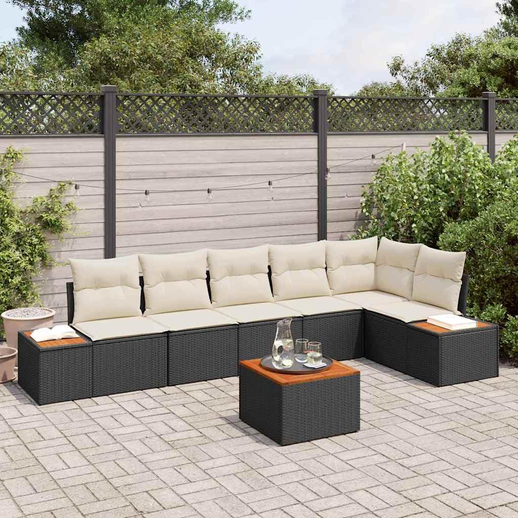 Juego de muebles de terraza minimalistas de 7 piezas como muebles de jardín de poliratán moderno con sofá modular exterior y cojines en negro y crema