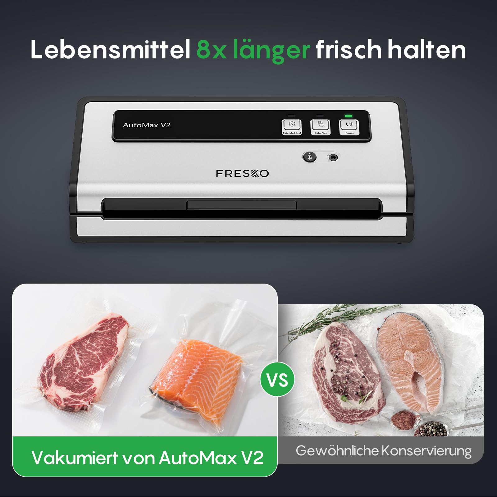 FRESKO Automatische Vakuumiergerät 140W Doppelte Heißsiegelung Trocken-/Feuchtmodus Einhand-Bedienung Automatischer Verriegelung 10 Beutel Automax V2