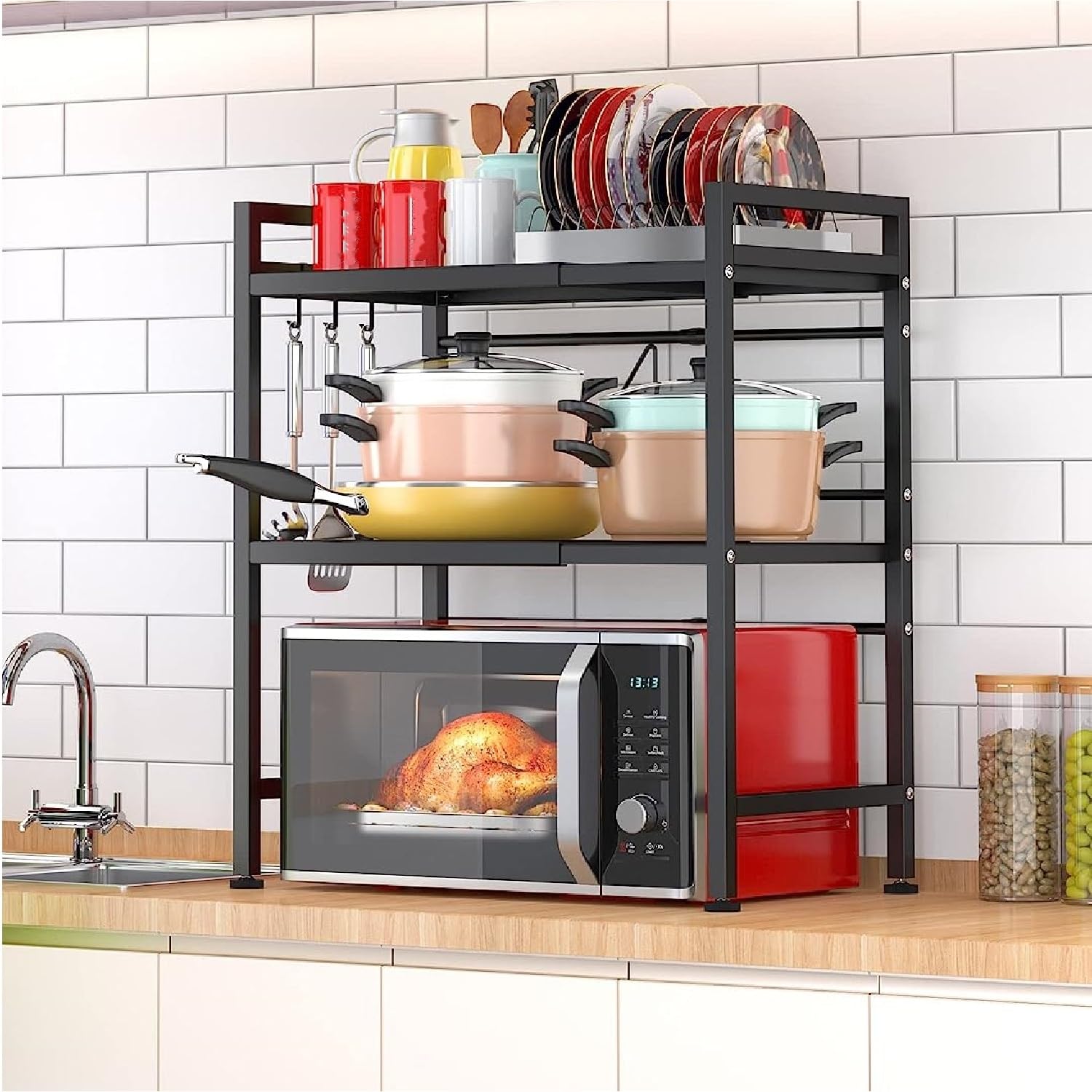 Soporte de Microondas Ampliable, 3 Niveles de Cocina de Metal Estantes Organizador de la Mestop con 6 Ganchos, Panadero Rack, Plataforma de Microondas, Horno de Microondas Rack (3 Niveles)