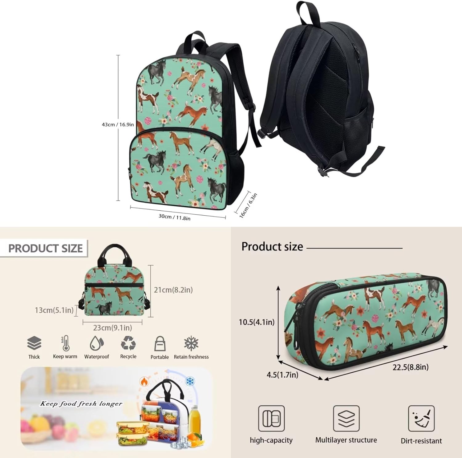Cute Girls Backpack with Lunch Box Pencil Case Multi Pockets Large Green Floral Horse School Backpack and Lunch Bag Set for Girls Student Lightweight Basic Comfy Book Bag 17 Inch