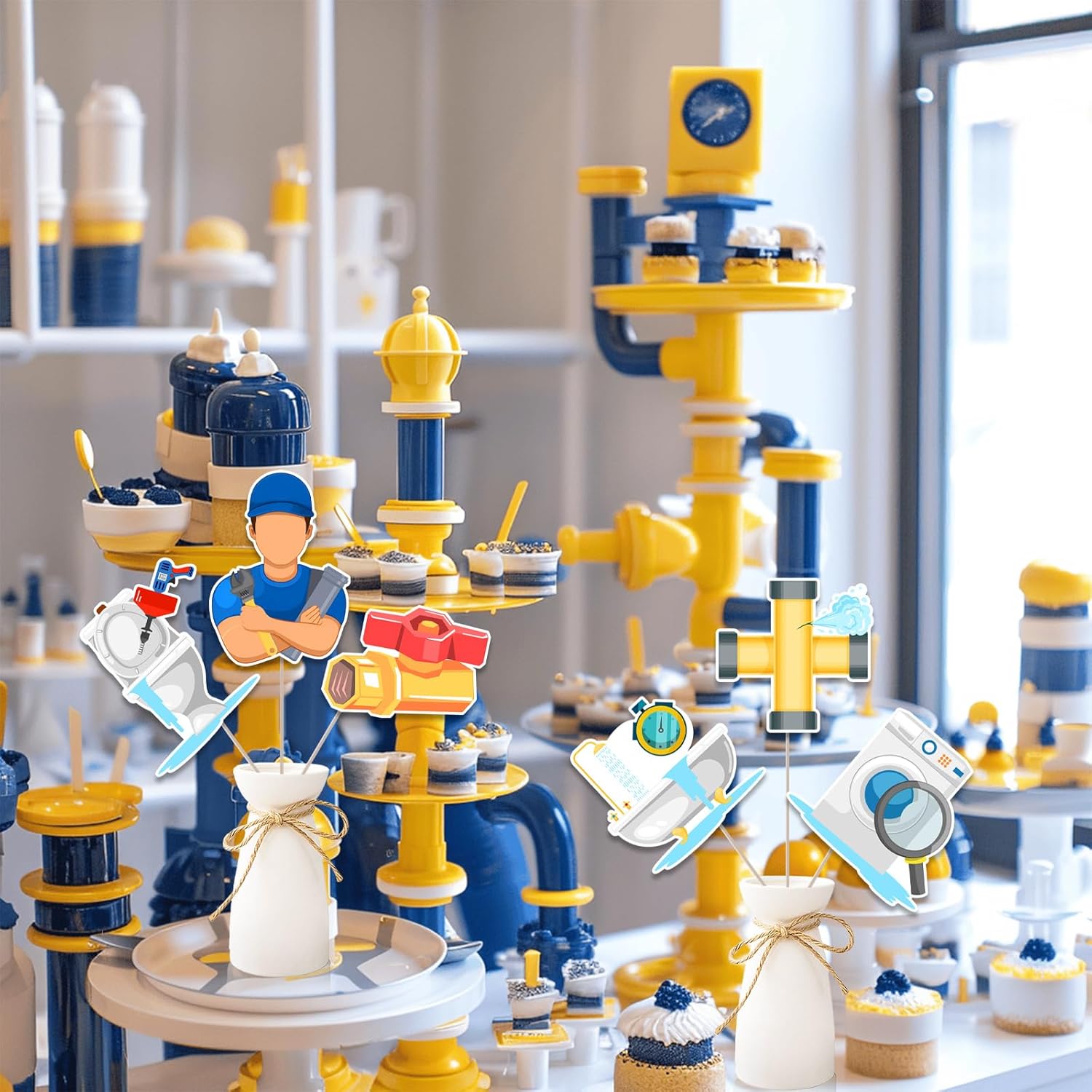 Plumber Party Decoration, 24pcs Plumber Table Centerpiece Stick Double-Sided Printing for Boy Men Repairman Tool Mechanic Birthday Party Decoration