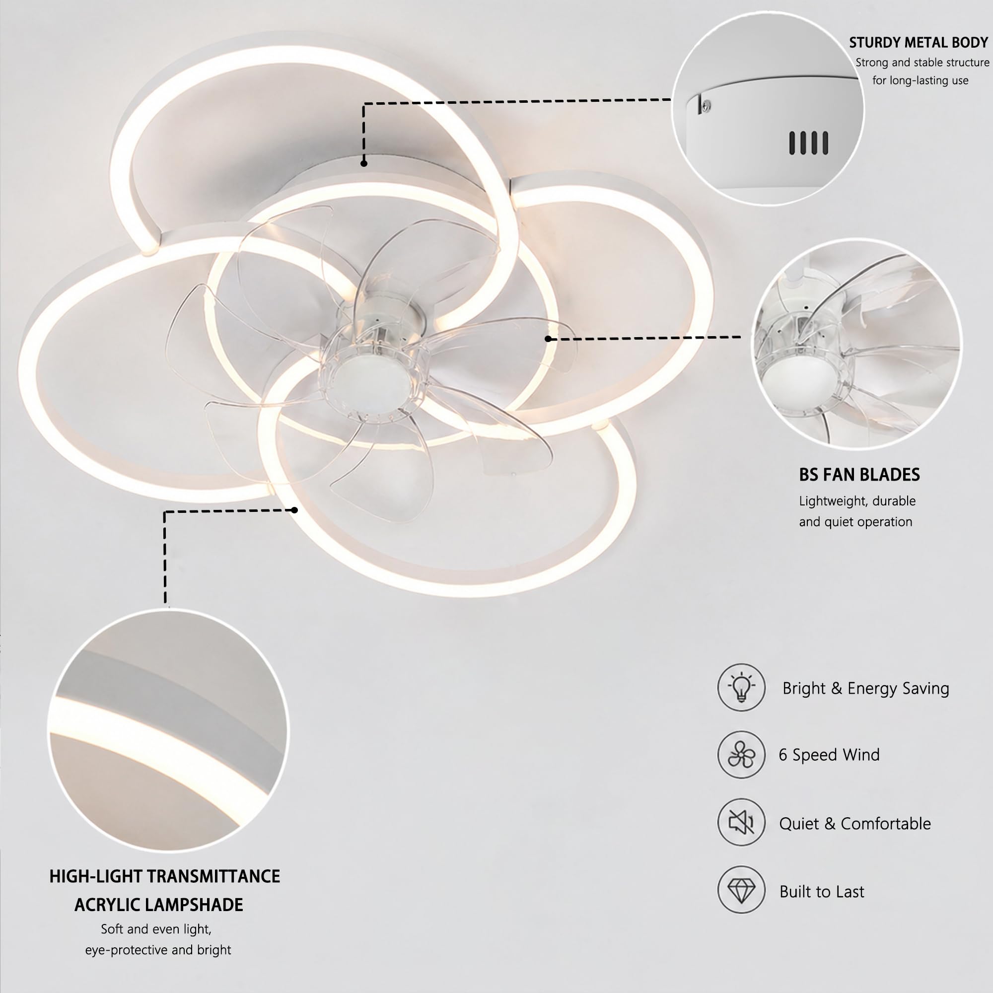 53cm Ventilatore da Soffitto con Luce, 6 Velocità Silenzioso Lampada Ventilatore da Soffitto con Telecomando per Camera da Letto, Cucina, Soggiorno, Bianco, 49W