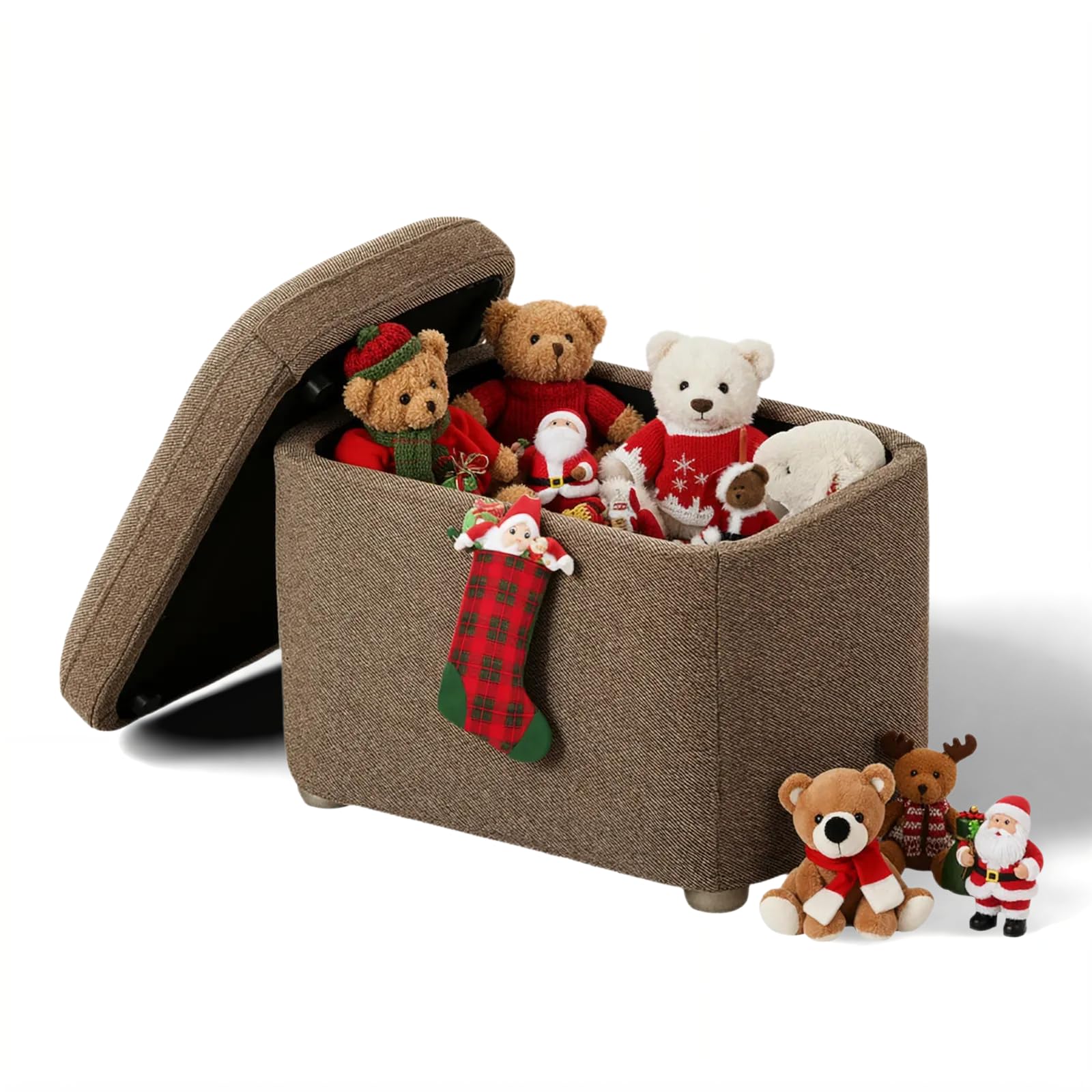 Small Storage Ottoman, 22.4 inches Modern Ottoman with Storage & Detachable Lid, Upholstered Vanity Stool with Solid Wood Legs, Ottoman Stool for Foot