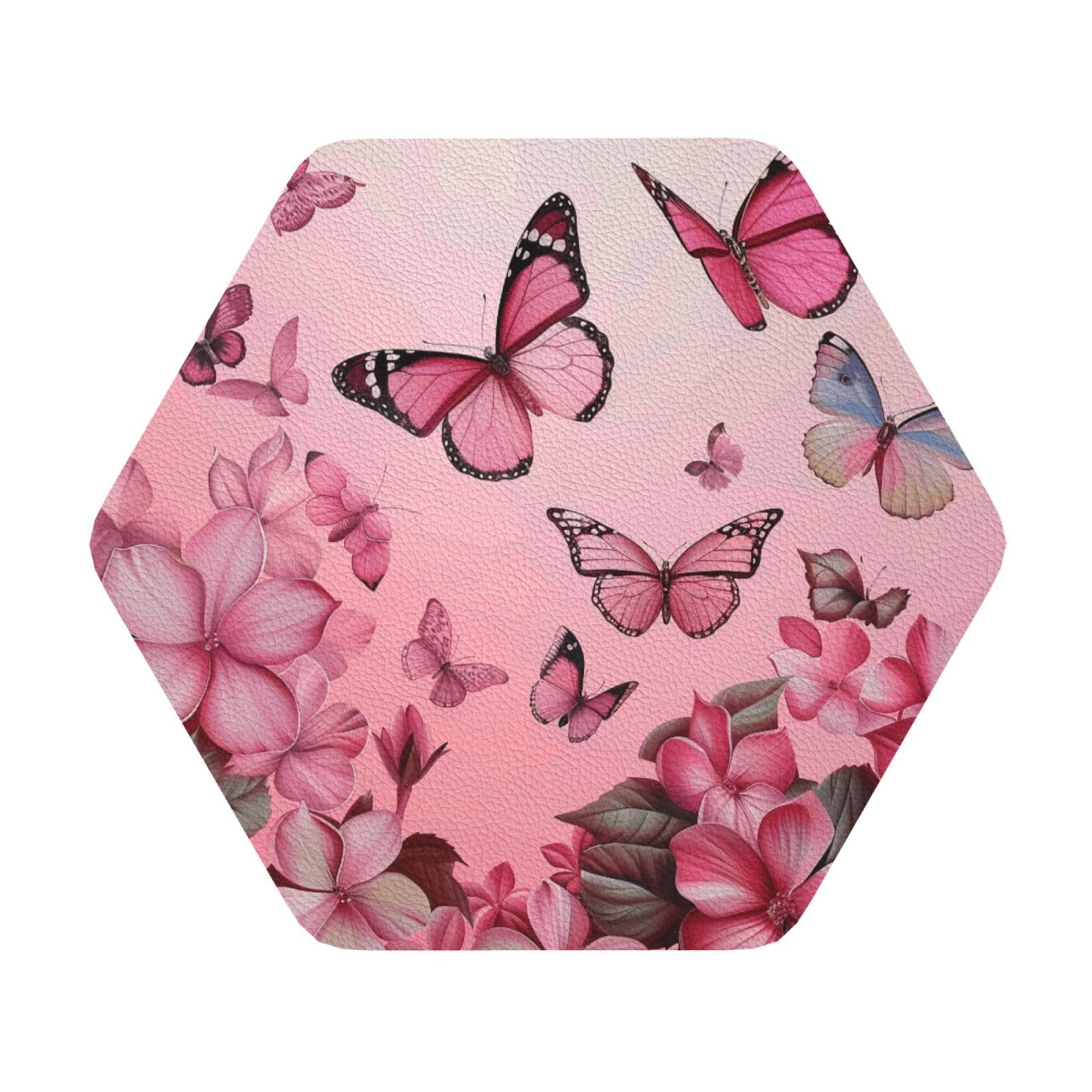 Butterflies Printed Coasters for Drinks, Leather Coaster Sets of 4, Funny Coffee Cup Coaster, Absorbent Coaster for Home and Office Kitchen Bar Hexagon