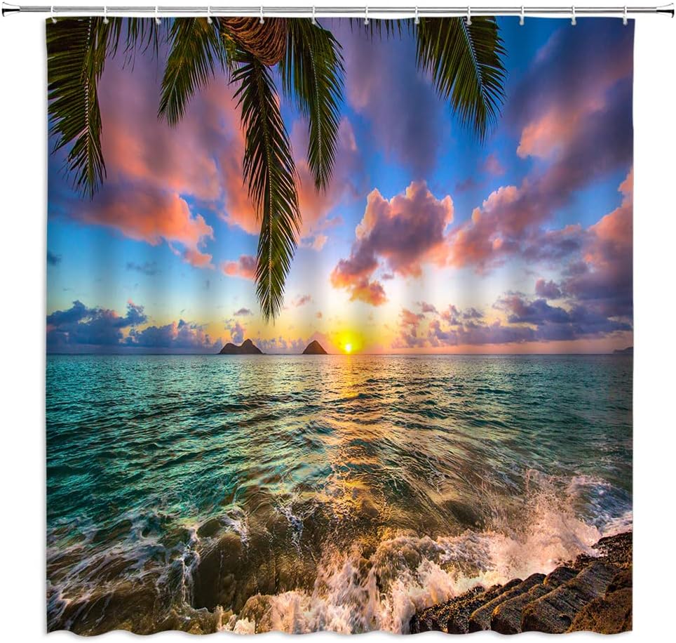 Ocean Beach Shower Curtain Blue Sky Tropical Palm Trees Waves Summer Sea Seaside Landscape Theme Fabric Bathroom Decor Set with Hooks(78" Wx70 H)