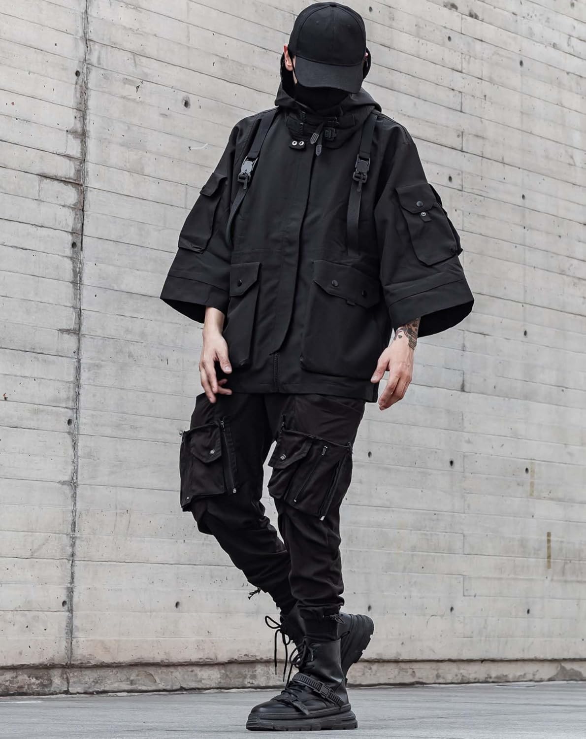 Niepce Inc Japanese Streetwear Techwear Men’s 3/4 Sleeve Jacket with Hood - Image 9