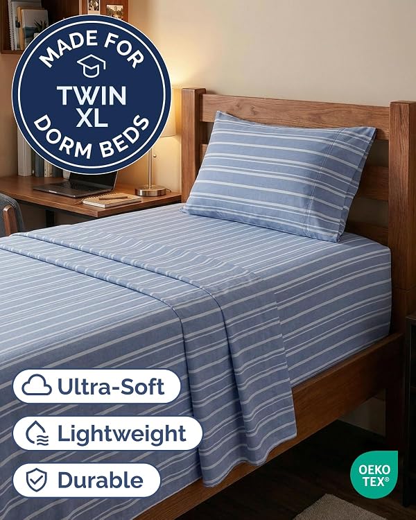 Extra Deep Twin XL Sheet Set - 3 Piece College Dorm Room - Blue Stripes by CGK Unlimited - Used condition - Image 2