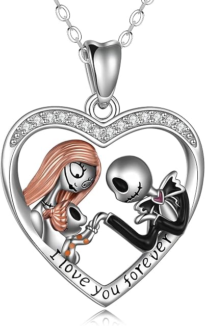 Nightmare Necklace Sterling Silver Jack And Sally Heart Family Pendant Parents with Child Necklace Skull Jewelry Christmas Gifts For Mom Wife Girlfriend