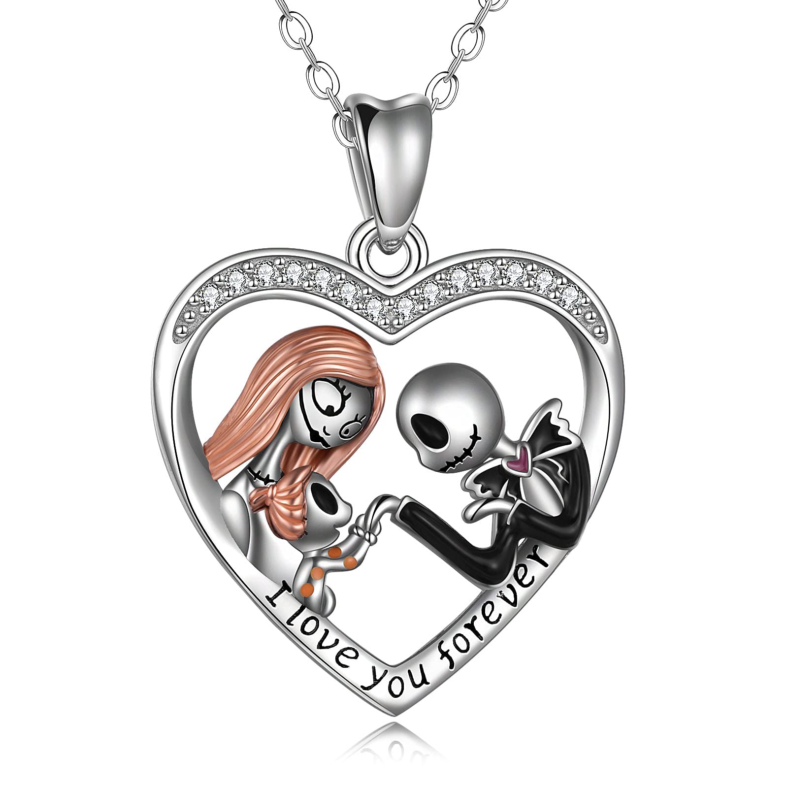 URONE Nightmare Necklace Sterling Silver Jack and Sally Skull Jewelry Birthday Christmas Gifts for Women
