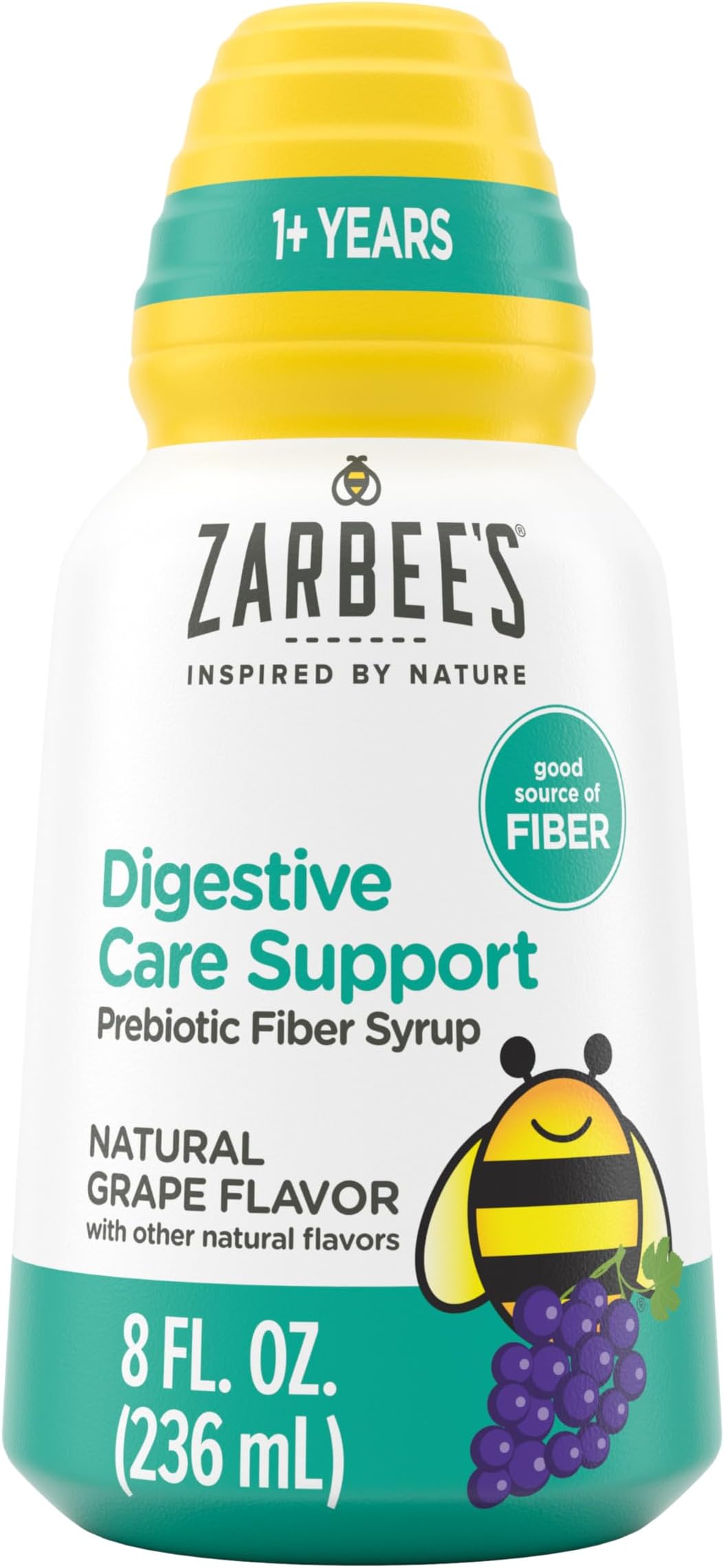 Zarbee’s Children’s Digestive Care Support* Prebiotic Fiber Syrup, Grape Flavor with Other Natural Flavors, Liquid Fiber for Kids, Daily Digestive Support, Gluten Free, Agave, 8 fl oz