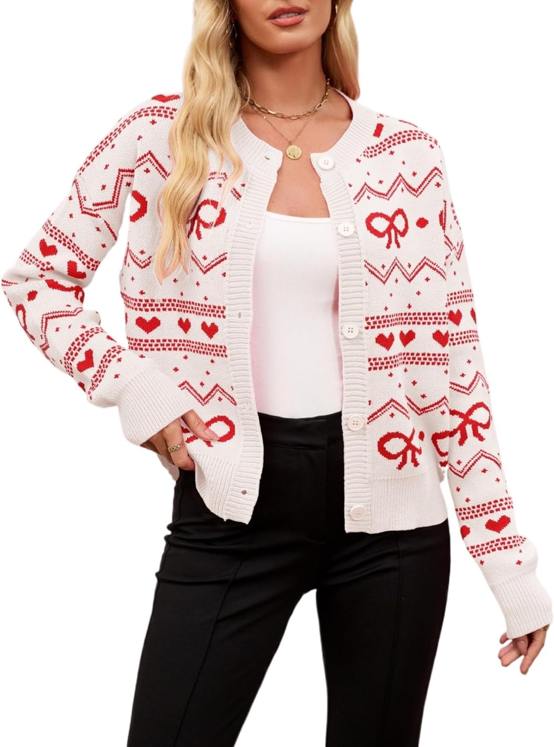 Valentine's Day Cardigan for Women Kawaii Cute Bow Heart Love Pattern Knitted Cropped Button Up Sweater Trendy Tops