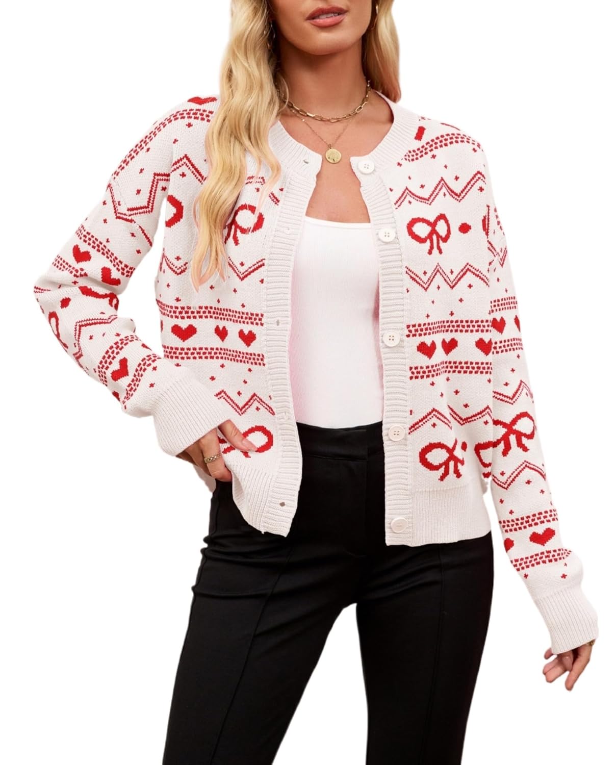 Valentines Day Cardigan for Women Kawaii Cute Bow Heart Love Pattern Knitted Cropped Button Up Sweater Trendy Tops