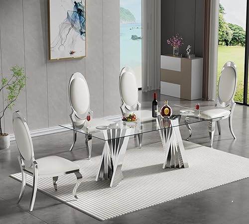 Miniatura 39 de SSLine Moderno juego de mesa de comedor de cristal de 7 piezas para 6 mesas de cocina y sillas de cristal dorado de lujo para 6 elegantes mesas de