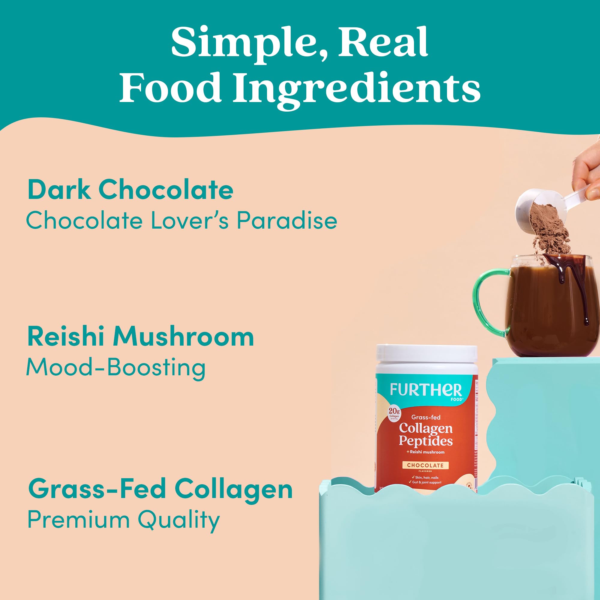 Further Food Chocolate Collagen Peptides Powder, Grass-Fed Pasture-Raised Hydrolyzed Type 1 & 3 Protein, Gut Health + Joint, Hair, Skin, Nails, Paleo Keto Sugar-Free 24.34 oz