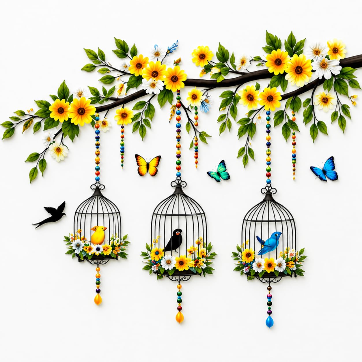 Floral Bird Cage Wall Sticker I Hanging Flowers Birds Design I Vinyl Wall Decal 48x62 cm I Home Decor for Living Room Bedroom Hall Decoration-image-36