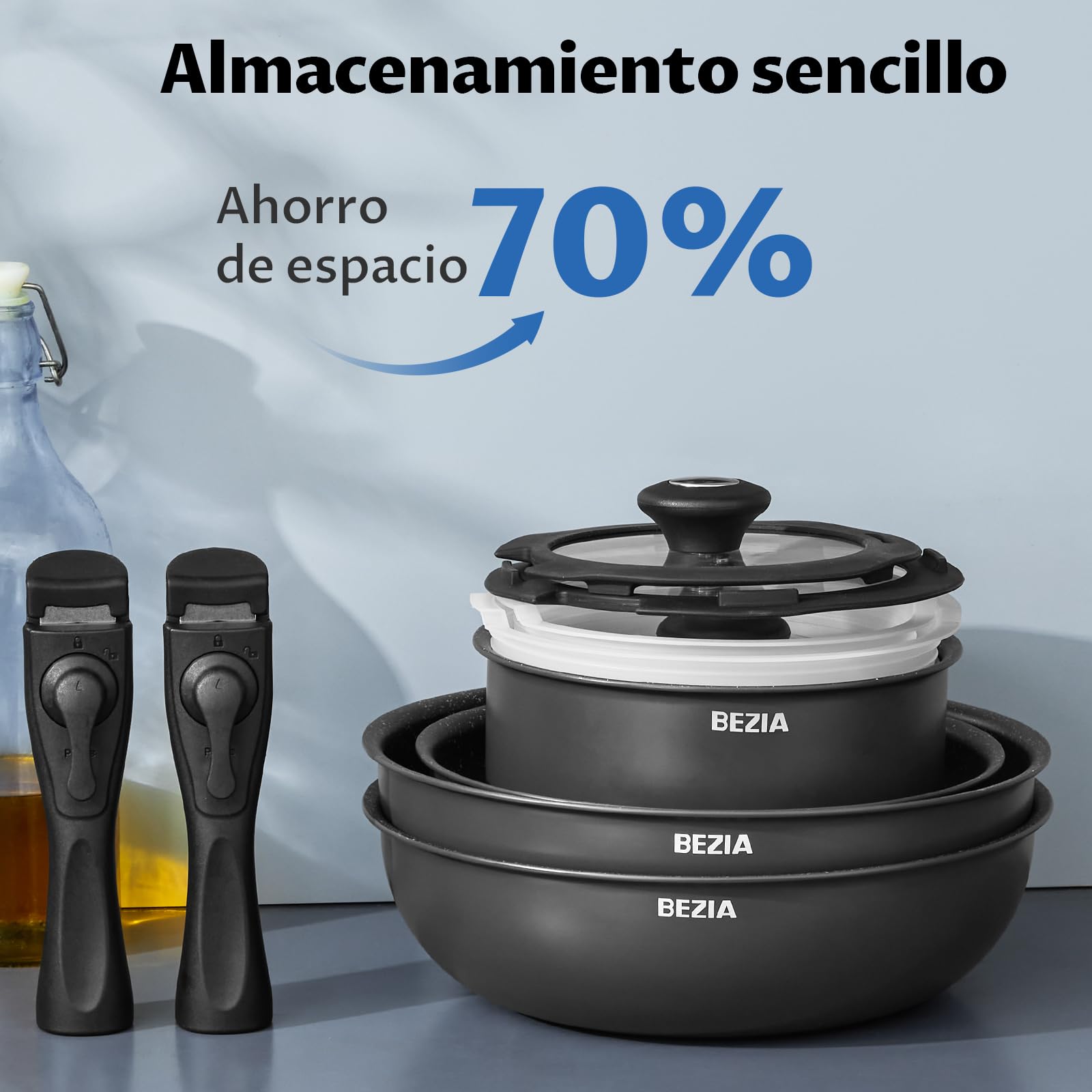 BEZIA Juego de Ollas y Sartenes 13 piezas, Sartenes Mango Extraíble, Batería de Cocina Antiadherente, sin PFOA y PFOS, apilable para todo tipo de cocinas, apto Lavavajillas y Horno