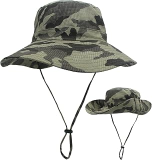 Outfly Camouflage Sonnenhut UV-Schutz Breite Krempe Sommerhut Fischerhut Wanderhut Safarihut Atmungsaktiv mit verstellbarem Kinnriemen