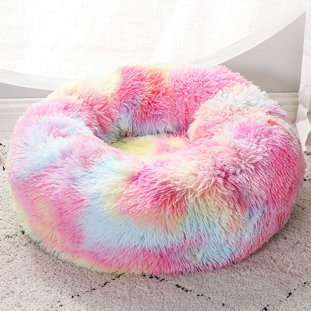 DOTBUY-SHOP Dog Bed Washable, Soft Comfy Cat Bed Rounded Dog Bed, Pet Bed With Slip-Resistant Bottom, Orthopedic Dog Beds, Gift for Small Dogs Cats (50cm,Rainbow)