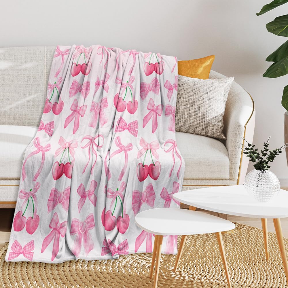Pink Cherry Bow Blanket,Aesthetic Coquette Bow Blankets for Women Girls Soft Flannel Lightweight Throw Blanket for Sofa Bed All Seasons 60x80inch