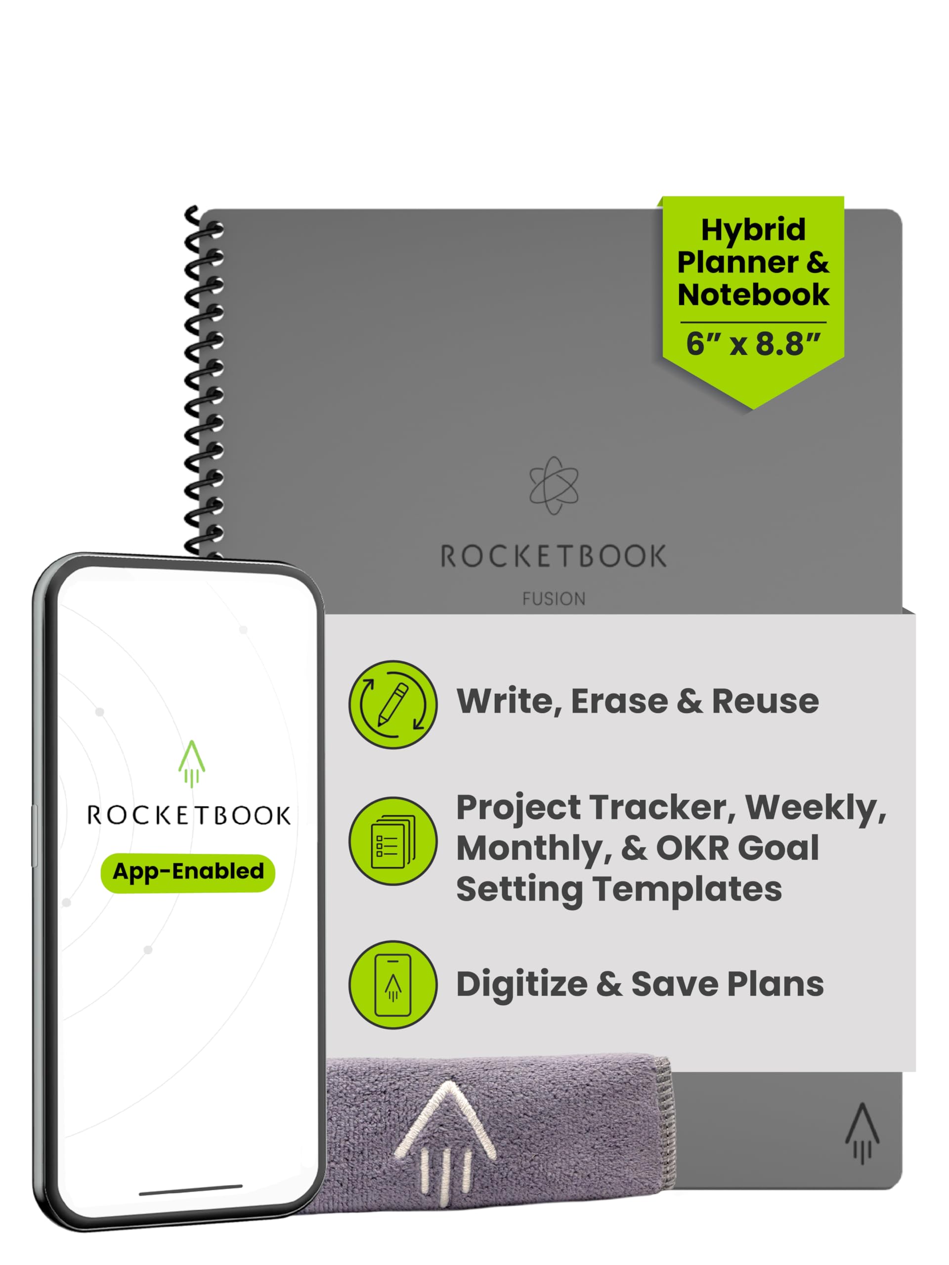 Fusion Hybrid Reusable Planner and Notebook in One, Additional Blank Pages, Goal and Project Tracker, Undated Planner, Executive Size 6x8.8, Grey (Pack of 1)