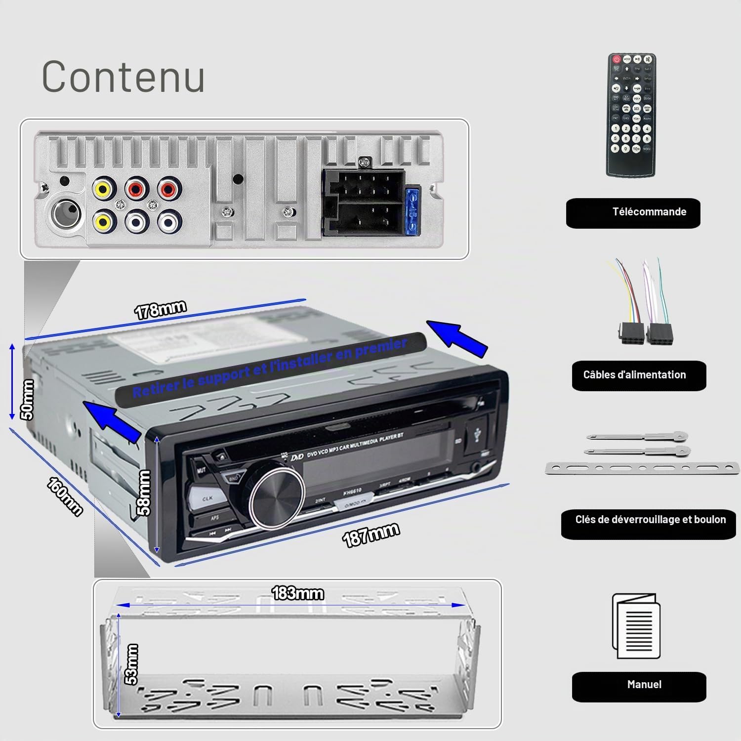 Autoradio Bluetooth USB CD/DVD Lecteur,1 Din Radio RDS FM AM MP3 SD AUX Mains-Libres
