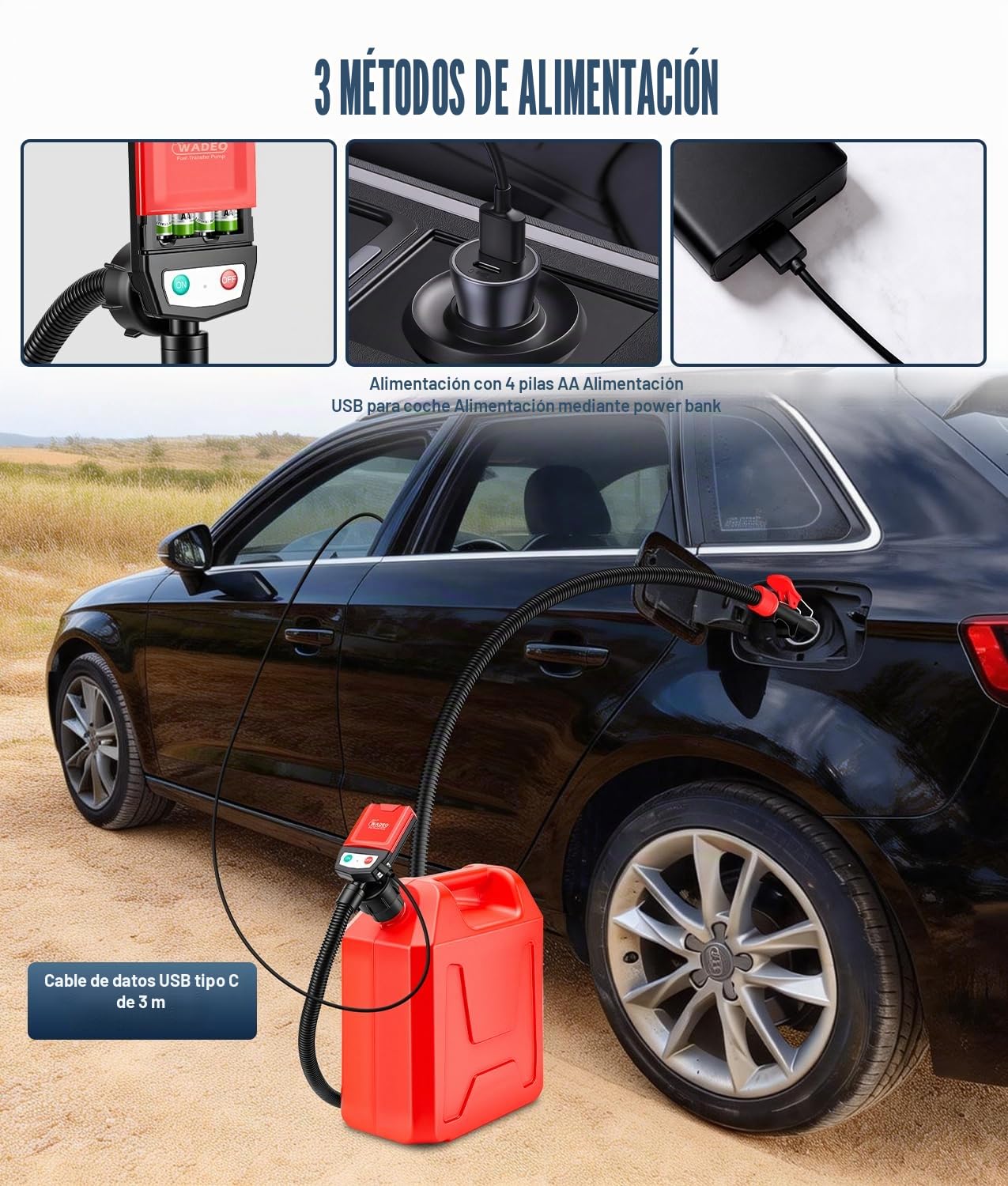 WADEO Bomba de trasiego de combustible con sensor de parada automática, bomba de combustible con 4 adaptadores para depósito y manguera de 1,3 m, bomba eléctrica para gasolina, diésel y aceite