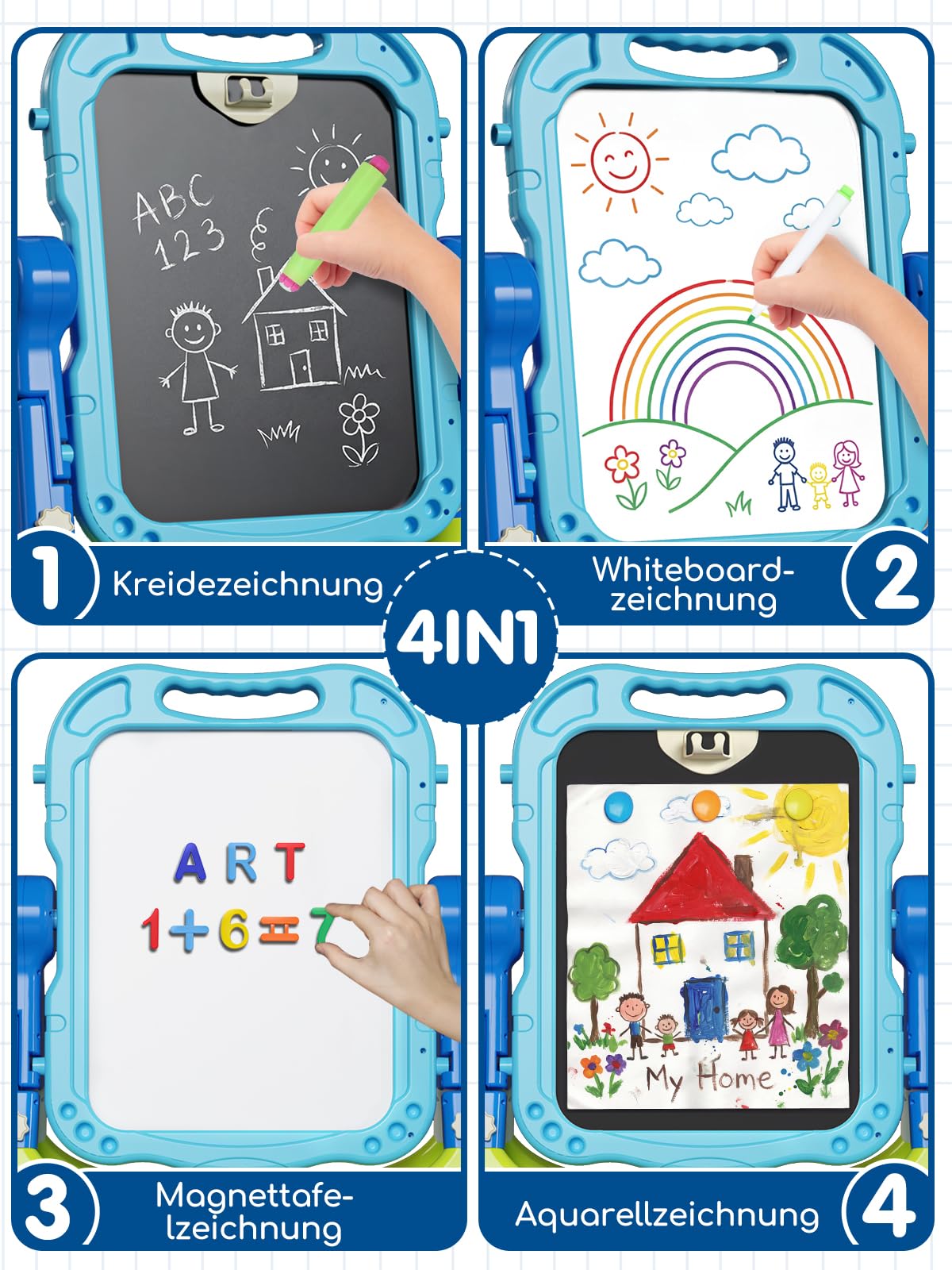 Lehoo Castle Tafel Kinder, Kindertafel mit Kreidetafel & Whiteboard 360 drehbare Höhenverstellbar schultafel für kinder mit Zubehör, Spielzeug ab 3 jahre mädchen Jungen(Blau)