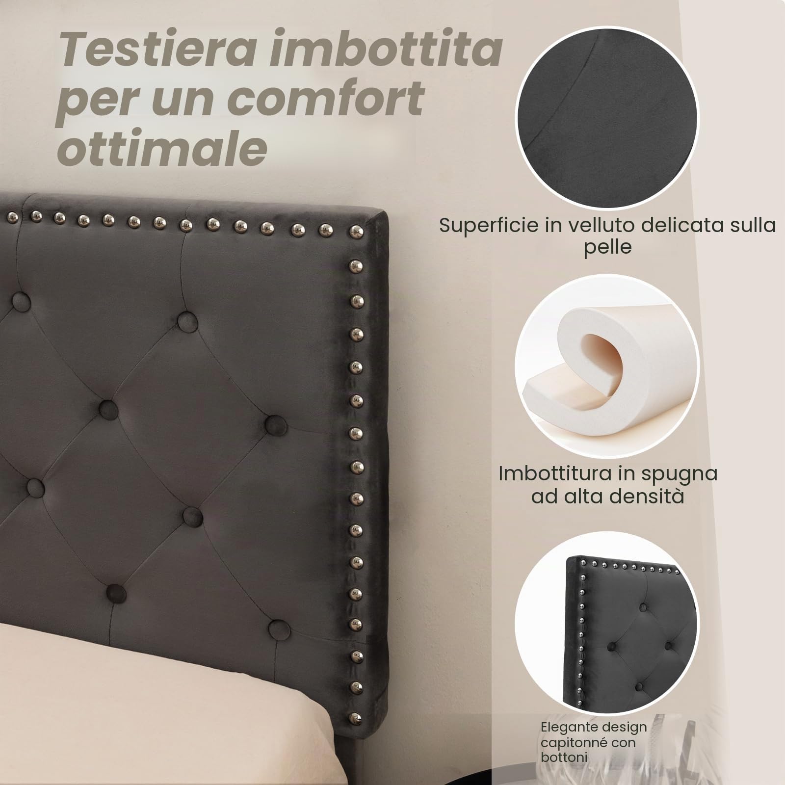 LIFEZEAL Letto Struttura Matrimoniale, 200x140cm, alla Francese, Piazza e Mezza, Letto Imbottito, Max 450kg, con Testiera, Rete a Doghe in Legno, 9 Gambe, Base, Telaio, Supporto, Piattaforma, Moderno