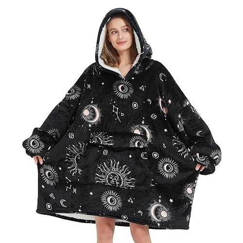 Fiosnow Sun and Moon Blanket Hoodies for Women and Men Adult Oversize Wearable Blanket Hoodies for Soft and Warm - Black Sun and Moon - Adult