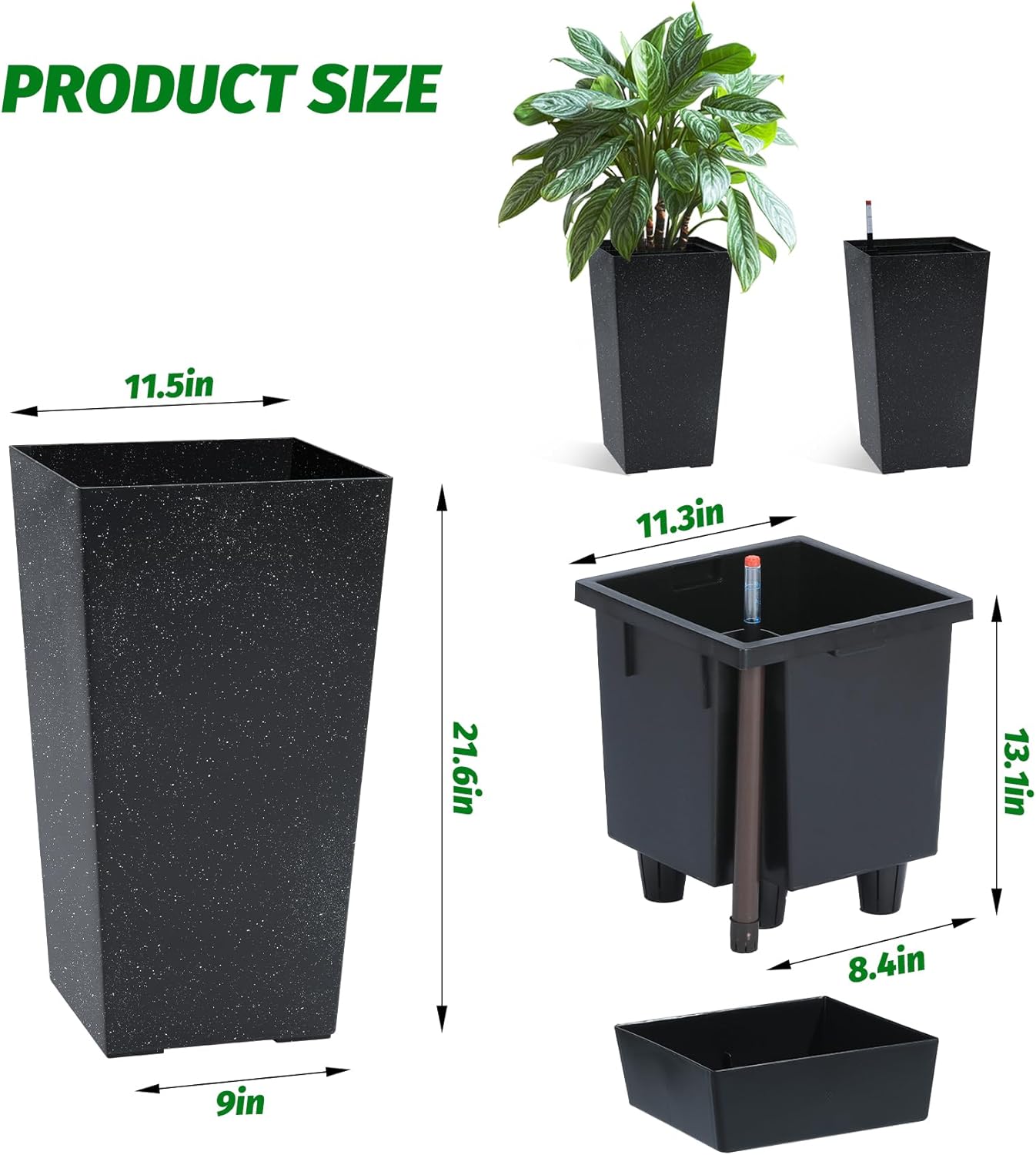 PeakPursuit 22" Tall Planters Set of 2, Outdoor＆Indoor Black Planter Pots, High Front Porch Planter Pots with Drainage Holes＆Water Level Monitor＆Inner Bucket, Automatic Watering, Black with White Dots