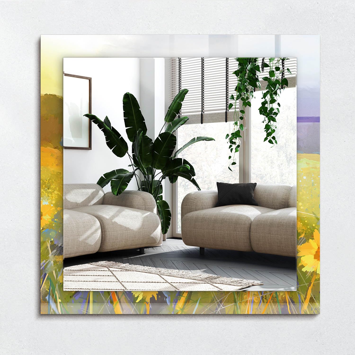 Minimalne prostokątne lustro 60 x 60 cm (23,6 cala x 23,6 cala) | szklana krawędź z nadrukiem dla współczesnego stylu - pole słonecznika