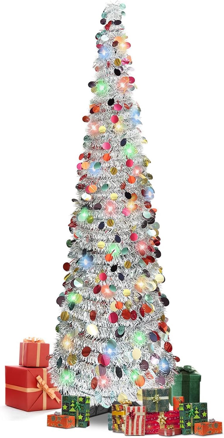 5FT Pop Up Christmas Tree with 90 Colorful LED Lights, Tinsel Artificial Collapsible Pencil Small Christmas Tree for Indoor Home Holiday Party Decorations(Colorful)