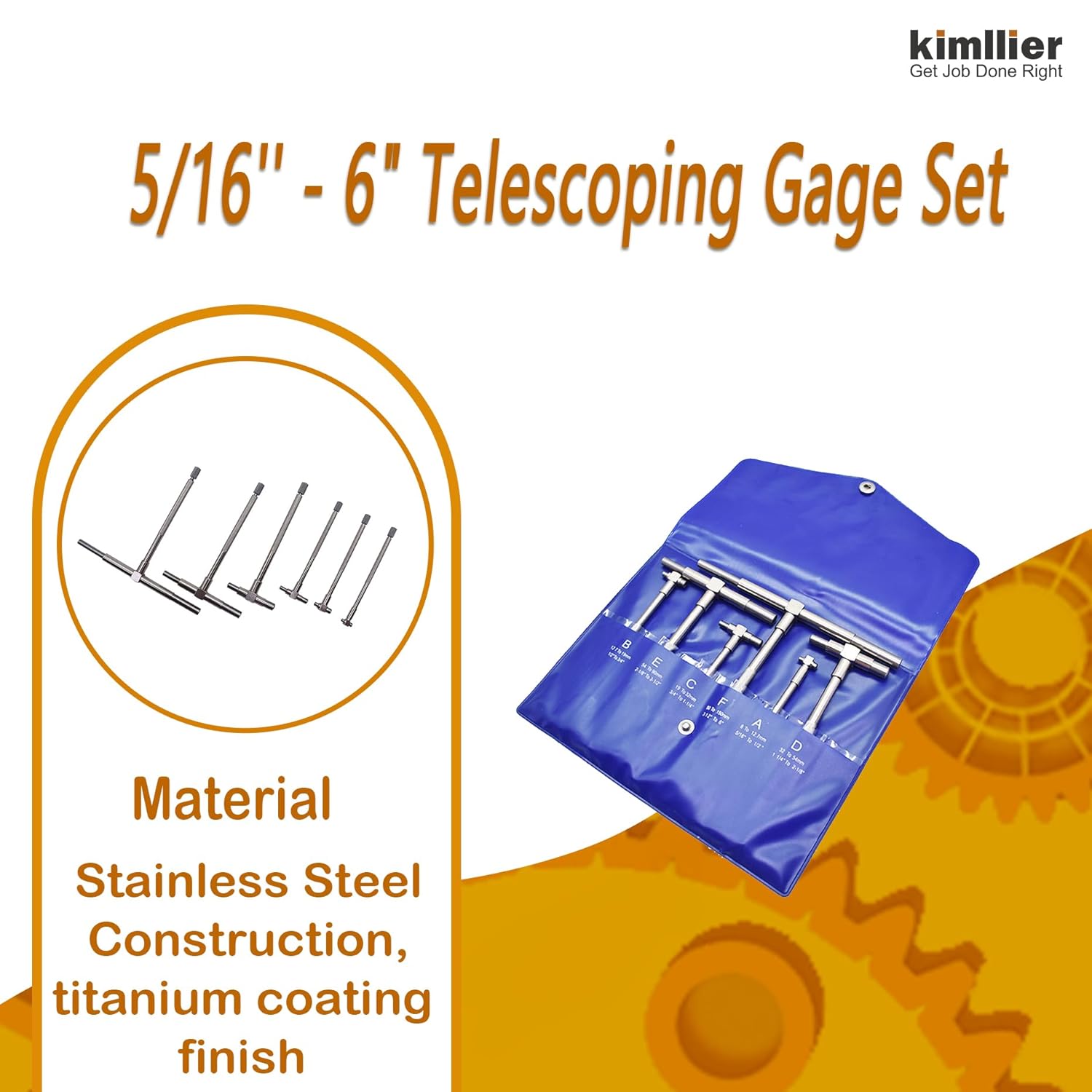 kimllier 6Pcs Accurate Telescoping Gage Set 5/16-6 Inch Range with Pouch High Accurate T Bore Hole Gauge Bore Measurement Tool