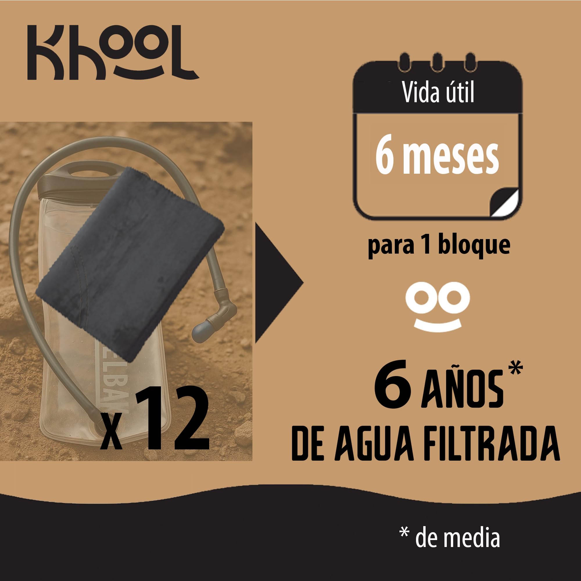 KHOOL | Carbón de Bambú para Bolsas de Hidratación y Camelbak | Purificador Natural | Elimina Sabores y Olores Desagradables | Hidratación Mejorada | 12 Bloques
