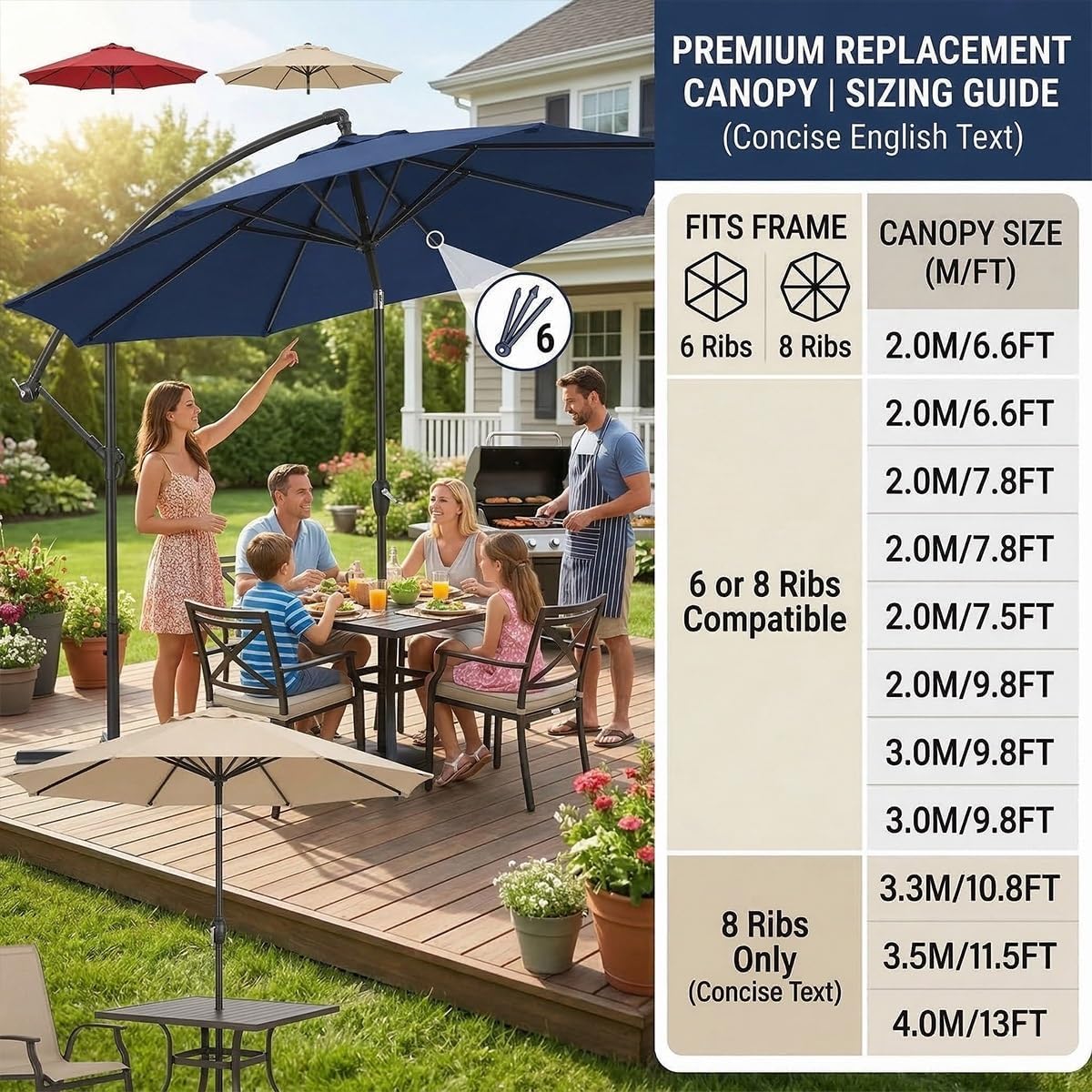 6ft/7ft/9ft/10ft/11ft Patio Umbrella Replacement Canopy for 6 Ribs 8 Ribs, Outdoor Market Umbrella Top Cover Heavy Duty Uv Resistant Fade Resistant