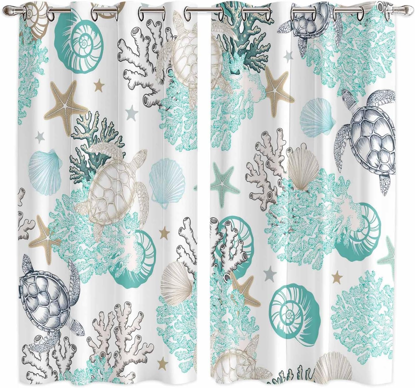 T&H XHome Draperies & Curtains,Marine Ocean Sea Turtle Coral Shell Starfish Window Curtain, 2 Panel Curtains for Sliding Glass Door Bedroom Living Room 104" W by 84" L