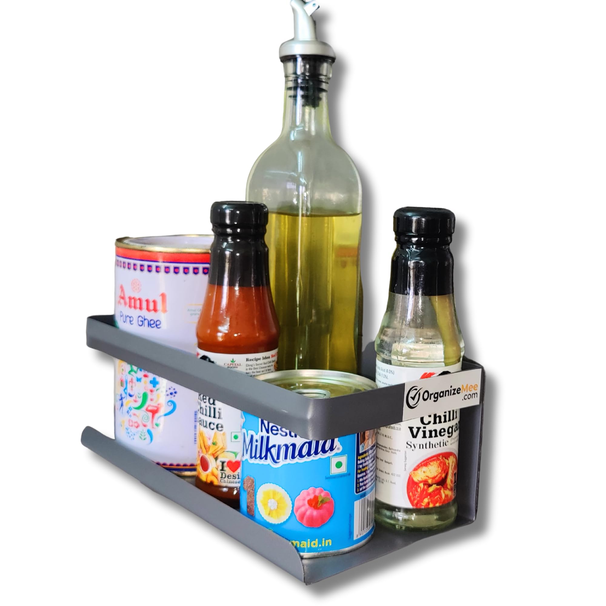 OrganizeMee Metal Magnetic Spice Rack & Kitchen Organizer (25 X 12 Cm) Maximize Space, Declutter Counters | Fridge, Washing Machine Storage | Magnetic Shelf Organizer For Spices, Utensils (Grey)
