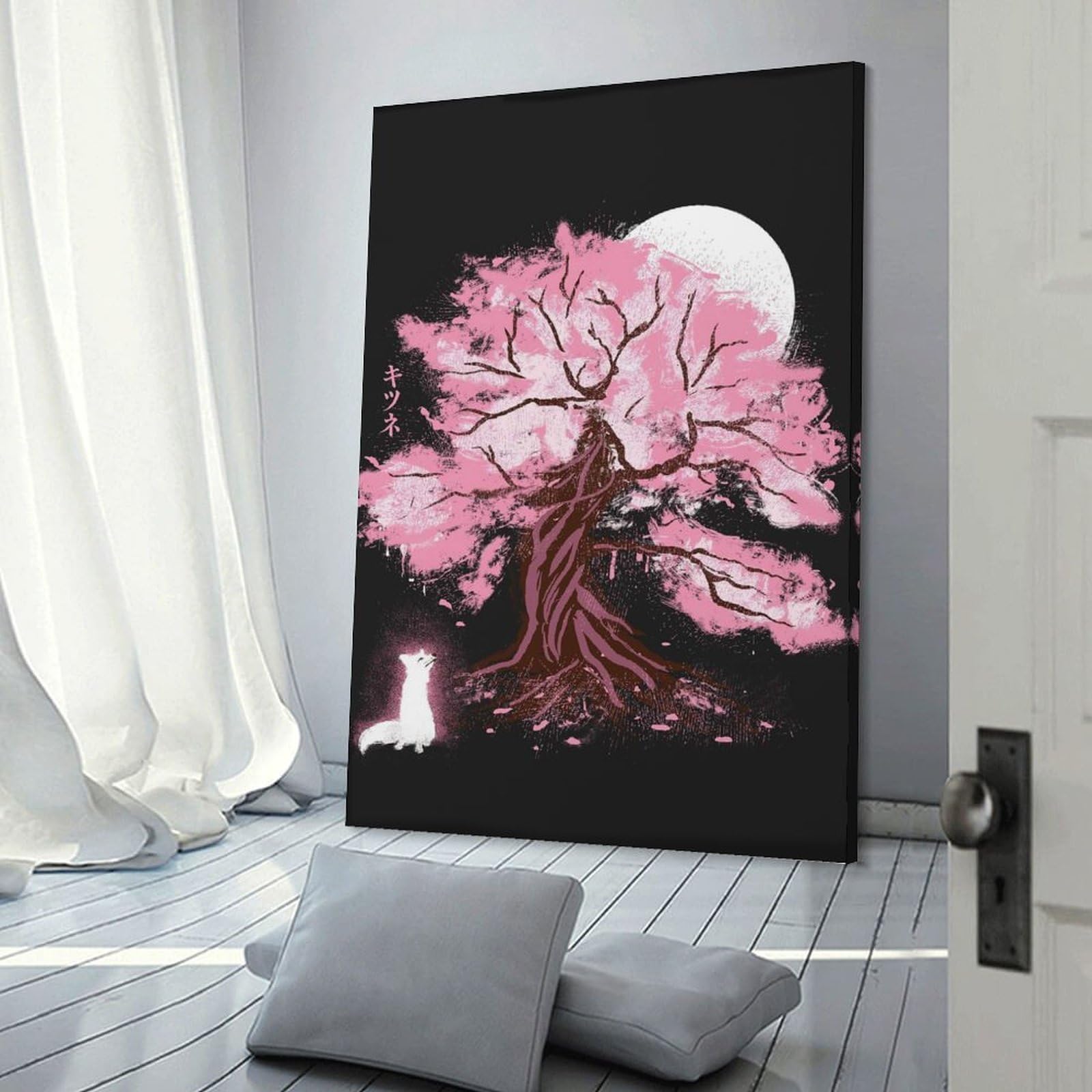 Junmoney Fox at Sakura Tree Canvas Wall Picture 24x36inch(60x90cm), for Contemporary Homes, Apartments Or Offices, Wall Decor with Flexible Room Appeal