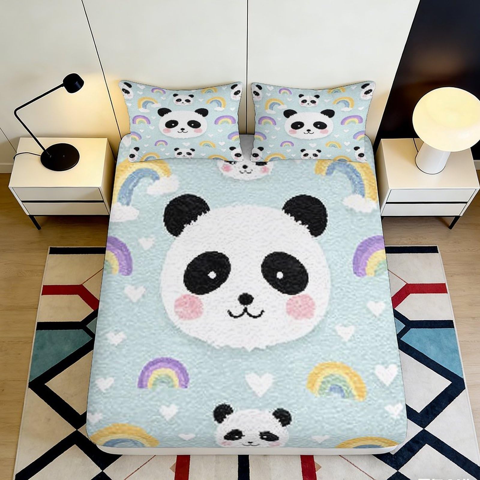 3D Printed Cute Panda Rainbow Fitted Sheet Microfiber Soft Anti-Slip Mattress Cover for Bedroom Dorm Decor 90x200x25cm
